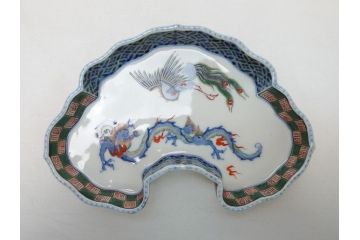 江戸　伊万里　色絵　染付　龍・鳳凰の図　二重角福　渦福　変形皿(和食器)(R-062917)
