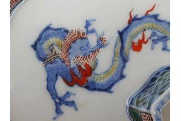 江戸　伊万里　色絵　染付　龍・鳳凰の図　二重角福　渦福　変形皿(和食器)(R-062917)