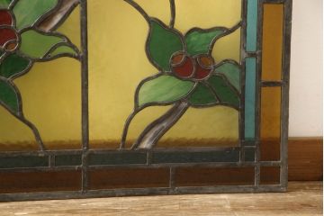 和製アンティーク　華やかな花の図柄が存在感を放つステンドグラス1枚(明り取り、明かり取り、窓)(R-062934)