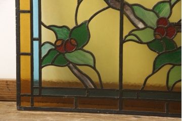 和製アンティーク　華やかな花の図柄が存在感を放つステンドグラス1枚(明り取り、明かり取り、窓)(R-062934)