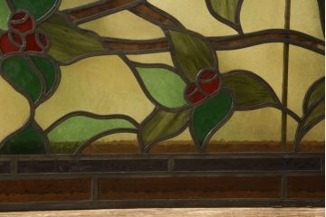 和製アンティーク　華やかな花の図柄が存在感を放つステンドグラス1枚(明り取り、明かり取り、窓)(R-062935)