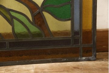 和製アンティーク　華やかな花の図柄が存在感を放つステンドグラス1枚(明り取り、明かり取り、窓)(R-062935)