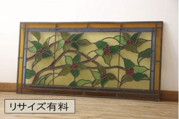 和製アンティーク　華やかな花の図柄が存在感を放つステンドグラス1枚(明り取り、明かり取り、窓)(R-062935)