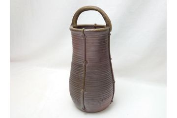 備前焼　伝統工芸士　柴岡一海　籠花入(共箱付き、花瓶、花器、フラワーベース)(R-062952)