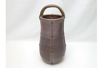 備前焼　伝統工芸士　柴岡一海　籠花入(共箱付き、花瓶、花器、フラワーベース)(R-062952)