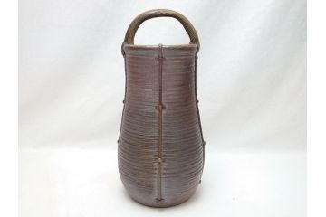 備前焼　伝統工芸士　柴岡一海　籠花入(共箱付き、花瓶、花器、フラワーベース)(R-062952)