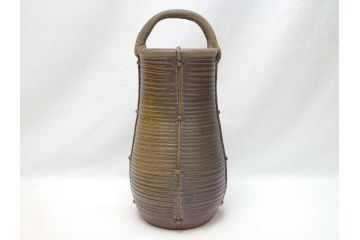 備前焼　伝統工芸士　柴岡一海　籠花入(共箱付き、花瓶、花器、フラワーベース)(R-062952)
