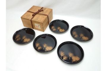 大浦胡泉　漆器　若松　蒔絵　銘々盆5枚セット(共箱付き、銘々皿)(R-062954)