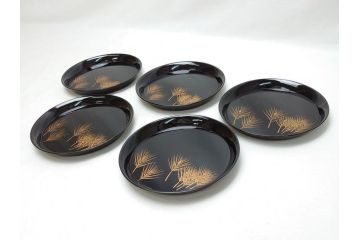 大浦胡泉　漆器　若松　蒔絵　銘々盆5枚セット(共箱付き、銘々皿)(R-062954)