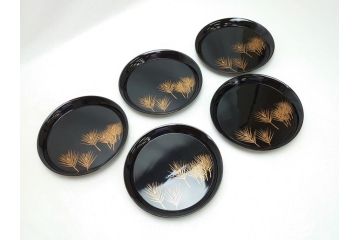 大浦胡泉　漆器　若松　蒔絵　銘々盆5枚セット(共箱付き、銘々皿)(R-062954)