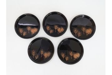 大浦胡泉　漆器　若松　蒔絵　銘々盆5枚セット(共箱付き、銘々皿)(R-062954)