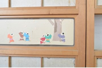 アンティーク建具　情緒ある和の雰囲気作りにおすすめの裏障子戸付き格子戸2枚セット(ガラス帯戸、障子戸、引き戸)(R-062972)