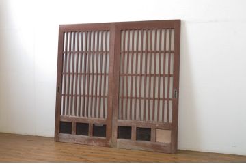 アンティーク建具　和の空間づくりにおすすめ!玄関戸2枚セット(荒格子戸、引き戸、ガラス戸)(R-062974)
