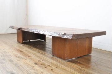 中古　岩手岩泉・純木家具　タモ材　木の温もり溢れる一枚板ローテーブル(食卓、座卓、センターテーブル)(R-062987)
