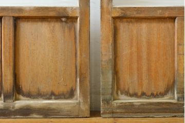 アンティーク建具　経年を感じる風合いが魅力のモールガラス入りガラス戸2枚セット(引き戸、建具)(R-063013)