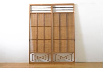 アンティーク建具　涼しげな和の空間づくりにおすすめ御簾戸2枚セット(簾戸、簀戸、葭戸、夏障子、夏戸、引き戸、建具)(R-063015)