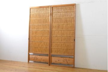 アンティーク建具　涼しげな和の空間づくりにおすすめ御簾戸2枚セット(簾戸、簀戸、葭戸、夏障子、夏戸、引き戸、建具)(R-063019)
