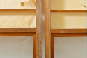 アンティーク建具　ガラス入り　腰板欅(ケヤキ)材　落ち着きのある和を演出する障子戸2枚セット(引き戸、ガラス帯戸、建具)(R-063022)