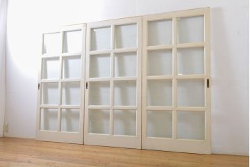 レトロ建具　昭和レトロ　ペイント仕上げ限定　ホワイトペイントが爽やかなガラス戸3枚セット(引き戸、建具)(R-063027)
