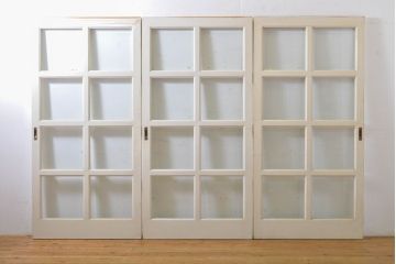 レトロ建具　昭和レトロ　ペイント仕上げ限定　ホワイトペイントが爽やかなガラス戸3枚セット(引き戸、建具)(R-063027)