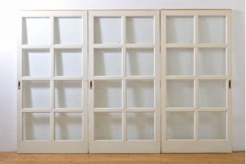 レトロ建具　昭和レトロ　ペイント仕上げ限定　ホワイトペイントが爽やかなガラス戸3枚セット(引き戸、建具)(R-063027)