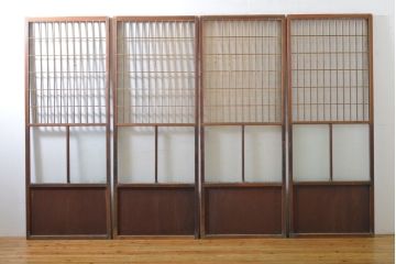 アンティーク建具　和の空間づくりにおすすめなガラス入り障子戸4枚セット(引き戸、ガラス戸、建具)(R-063029)