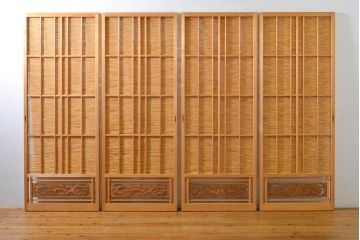 アンティーク建具　彫刻入り!!上品な和の空間を演出する御簾戸4枚セット(簾戸、簀戸、葭戸、夏障子、夏戸、引き戸、建具)(R-063032)