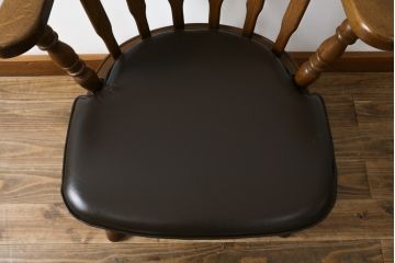 和製ビンテージ　高島屋　ナラ材　座面低め　本革クッション付き!男前な雰囲気漂うスモーカーズボウチェア(板座チェア、ダイニングチェア、アームチェア、椅子、イス、ヴィンテージ、レザー)(R-063046)