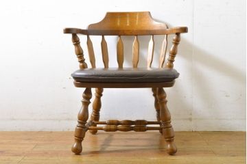 和製ビンテージ　高島屋　ナラ材　座面低め　本革クッション付き!男前な雰囲気漂うスモーカーズボウチェア(板座チェア、ダイニングチェア、アームチェア、椅子、イス、ヴィンテージ、レザー)(R-063047)