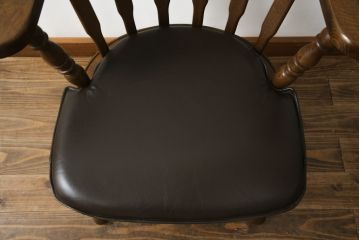 和製ビンテージ　高島屋　ナラ材　座面低め　本革クッション付き!男前な雰囲気漂うスモーカーズボウチェア(板座チェア、ダイニングチェア、アームチェア、椅子、イス、ヴィンテージ、レザー)(R-063049)
