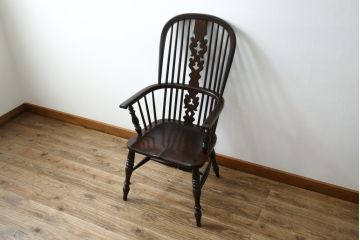 中古　松本民芸家具　#44A型　シックな色合いとクラシカルな佇まいが魅力のウィンザーチェア(ウインザーチェア、アームチェア、板座チェア、ダイニングチェア、椅子、イス)(定価約20万円)(R-063053)