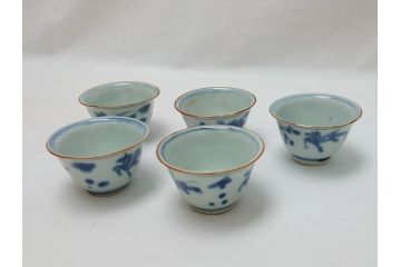  	江戸期　古伊万里　染付　馬文　猪口5点セット(共箱付き、酒器、和食器)(R-063056)