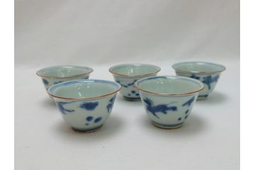  	江戸期　古伊万里　染付　馬文　猪口5点セット(共箱付き、酒器、和食器)(R-063056)