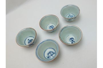  	江戸期　古伊万里　染付　馬文　猪口5点セット(共箱付き、酒器、和食器)(R-063056)