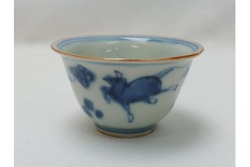  	江戸期　古伊万里　染付　馬文　猪口5点セット(共箱付き、酒器、和食器)(R-063056)