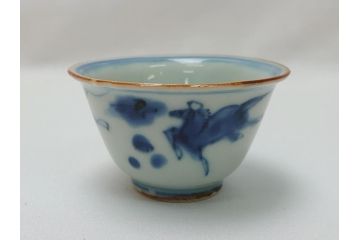  	江戸期　古伊万里　染付　馬文　猪口5点セット(共箱付き、酒器、和食器)(R-063056)
