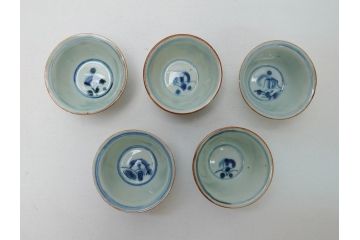  	江戸期　古伊万里　染付　馬文　猪口5点セット(共箱付き、酒器、和食器)(R-063056)
