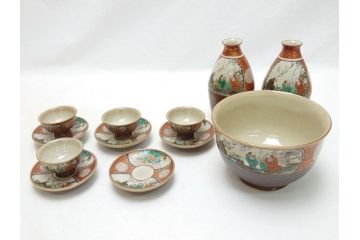 幕末〜明治　松雲堂造　九谷焼　九谷庄三　庄三錦手　彩色金襴手　猪口・碗・徳利セット(共箱付き、酒器、和食器)(R-063057)
