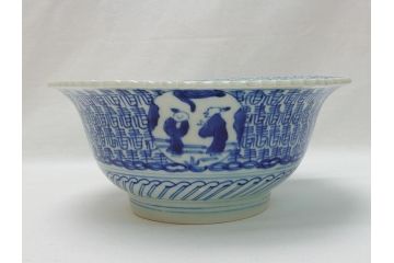 江戸期　古伊万里　染付　6.7寸　約20cm　松竹梅文　人物・唐人図　寿字　稜花型　深鉢(六寸七分、和食器)(R-063058)