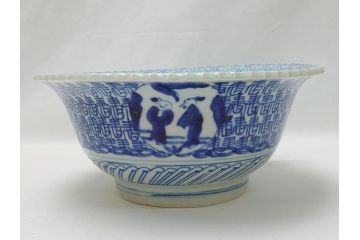 江戸期　古伊万里　染付　6.7寸　約20cm　松竹梅文　人物・唐人図　寿字　稜花型　深鉢(六寸七分、和食器)(R-063058)