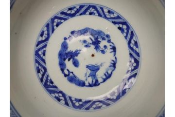 江戸期　古伊万里　染付　6.7寸　約20cm　松竹梅文　人物・唐人図　寿字　稜花型　深鉢(六寸七分、和食器)(R-063058)
