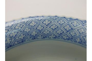 江戸期　古伊万里　染付　6.7寸　約20cm　松竹梅文　人物・唐人図　寿字　稜花型　深鉢(六寸七分、和食器)(R-063058)