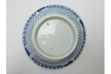 江戸期　古伊万里　染付　6.7寸　約20cm　松竹梅文　人物・唐人図　寿字　稜花型　深鉢(六寸七分、和食器)(R-063058)