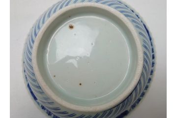 江戸期　古伊万里　染付　6.7寸　約20cm　松竹梅文　人物・唐人図　寿字　稜花型　深鉢(六寸七分、和食器)(R-063058)