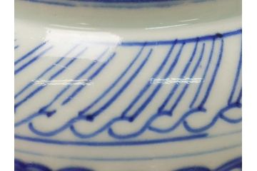 江戸期　古伊万里　染付　6.7寸　約20cm　松竹梅文　人物・唐人図　寿字　稜花型　深鉢(六寸七分、和食器)(R-063058)