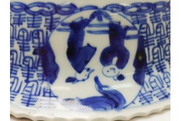 江戸期　古伊万里　染付　6.7寸　約20cm　松竹梅文　人物・唐人図　寿字　稜花型　深鉢(六寸七分、和食器)(R-063058)