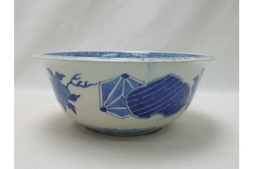  	江戸期　古伊万里　染付　8寸　約24cm　二重角福　花蝶図　波紋　深鉢(八寸、和食器)(R-063059)
