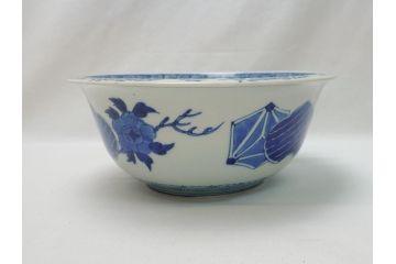  	江戸期　古伊万里　染付　8寸　約24cm　二重角福　花蝶図　波紋　深鉢(八寸、和食器)(R-063059)
