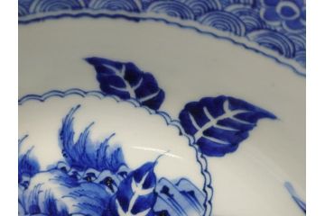  	江戸期　古伊万里　染付　8寸　約24cm　二重角福　花蝶図　波紋　深鉢(八寸、和食器)(R-063059)