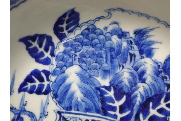  	江戸期　古伊万里　染付　8寸　約24cm　二重角福　花蝶図　波紋　深鉢(八寸、和食器)(R-063059)